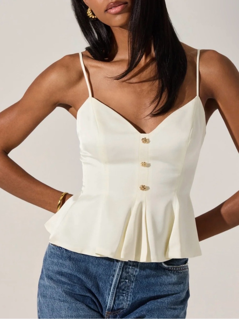 Astr Paislee Ivory Spaghetti Strap Peplum Camisole with Gold Button pearl sheen